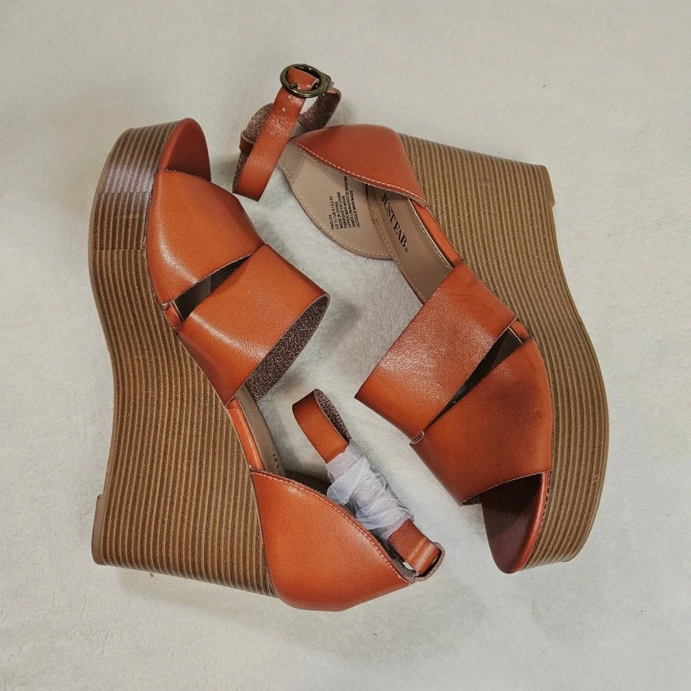 JustFab Cognac Paola Ankle Strap Platform Wedge Sandals 11 Boho Summer Dressy